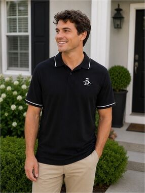 Original Penguin Black Polo Shirt with White Trim Medium